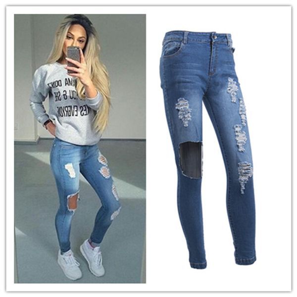 

boyfriend hole ripped jeans women pants cool denim vintage straight jeans for girl high waist casual pants female slim jeans, Blue