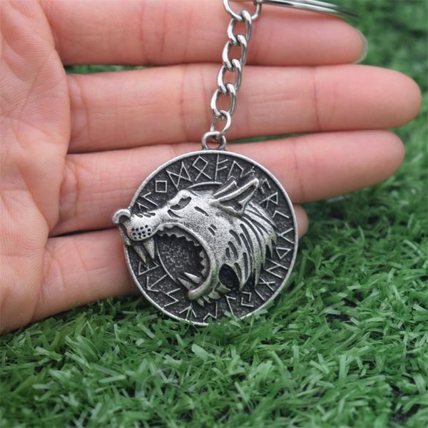 

12pcs round odin's wolf rune keychain nordic viking wolf head pendant, Silver