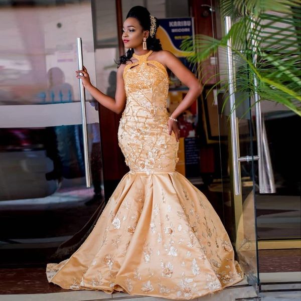 

new gold lace mermaid 2020 african evening dress beaded satin prom dresses noble formal party pageant gowns robe de soire, Black