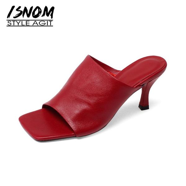 

isnom soft sheepskin leather slippers women peep toe mules summer thin high heels slides shoes woman dress shoe party lady, Black