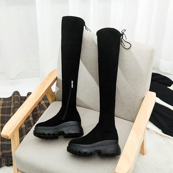 

2020 women boots winter over the knee boots flock waterproof platform sewing spring autumn ladies size 34-40, Black