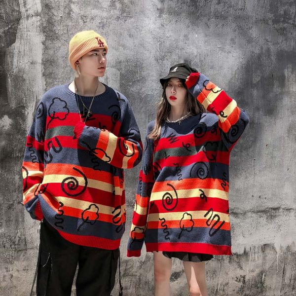 

men's sweaters winter national tide retro hit color round neck sweater rainbow striped graffiti men and women couple loose bf top, White;black