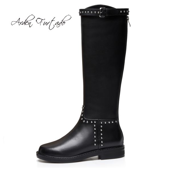 

arden furtado fashion women's shoes winter flat platform knee high boots elegant back zipper ladies boots buckle round toe shoes, Black