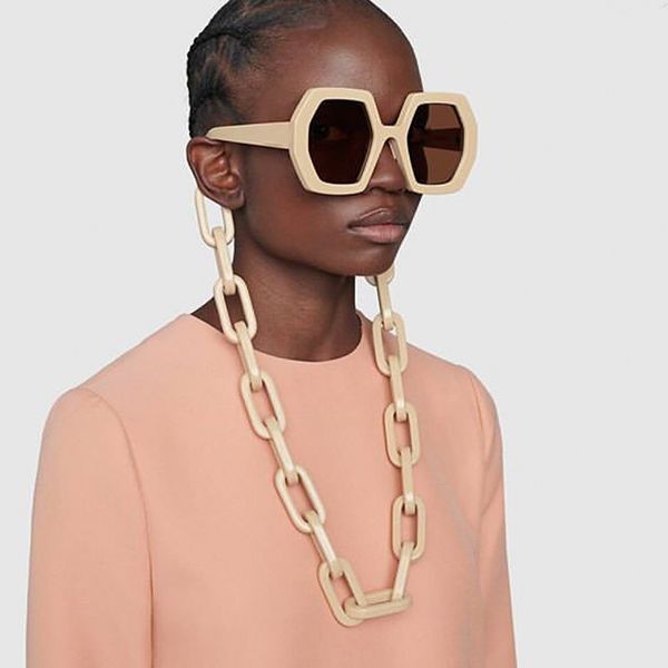 

chic vintage polygon chain sunglasses for women new fashion long chain sun glasses female black beige punk eyewear men shades, White;black