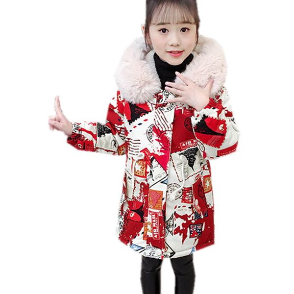 

children winter padded jacket 2020 new fashion print girl clothing kids clothes thick parka fur hooded snowsuit outerwear coat 0927, Blue;gray