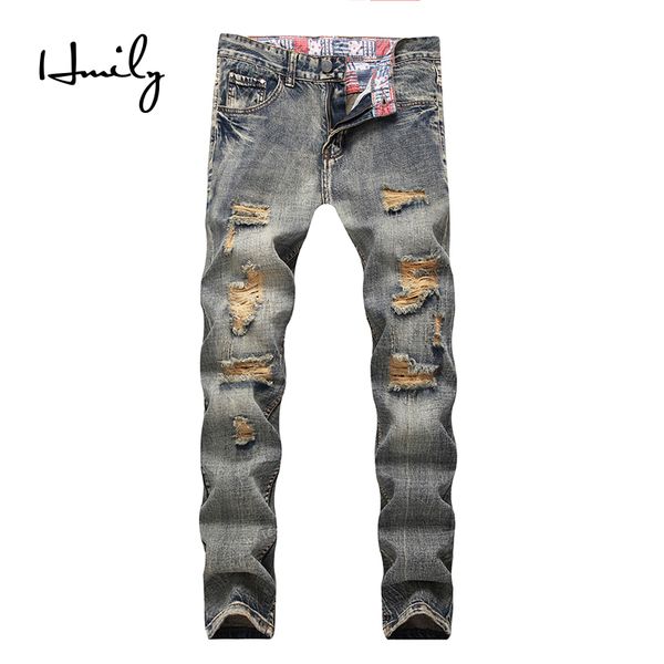 

men's jeans hmily skinny slim fit straight ripped distressed pleated knee patch denim pants stretch large size 28-42, Blue