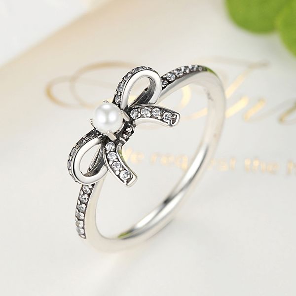 

zmzy 100% 925 sterling silver ring delicate finger rings cute bow pearl ring for women zirocnia engagement, Golden;silver