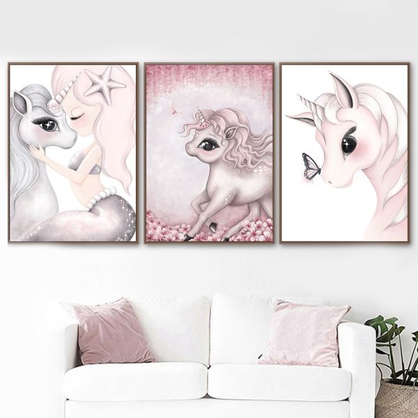 

розовый единорог и фея плакат nordic печать печать питомник wall art холст живопись декор картины для детской комнаты игровая комната декор