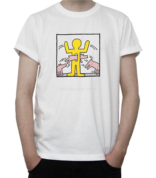 

keith haring untitled artwork t-shirt street art yellow figure dogs grey white popular tee shirt men summer tshirt