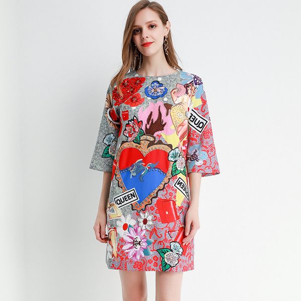 

1105 2019 flora print dress wedding dress crew neck 1/2 sleeve beads prom fashion womens clothes jiani, White;black