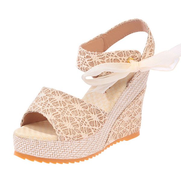 

sandals women fashion summer shoes print platform wedges for bow-knot hook-loop party wedding high heels femininas sandalen, Black