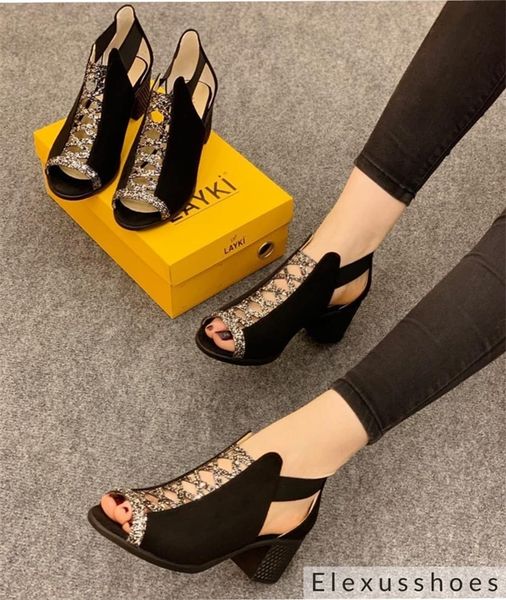 

elexus women sandals 2020 havana 2020 new round open toe flexy comfortable luxury with cross-band detailed suede 5 cm heels, Black