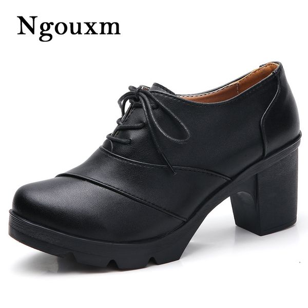 

dress shoes ngouxm women pumps genuine leather sheepskin woman high heels 7cm derby office ladies square round toe, Black