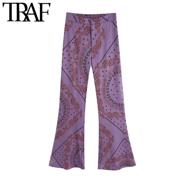 

traf women chic fashion printed flared pants vintage back elastic pockets zipper female ankle trousers mujer, Black;white