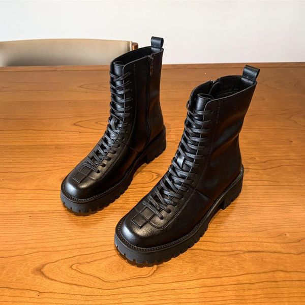 

martin boots women autumn winter genuine leather mid-tube and velvet short boots women british style retro leather women's shoes, Black