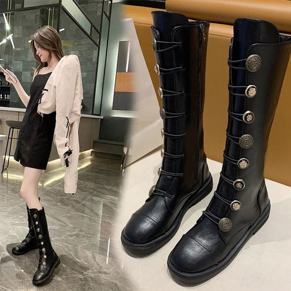 

boots women vintage fashion mid-calf autumn woman winter zipper shoes pu leather metal button lace up casual punk long boot, Black