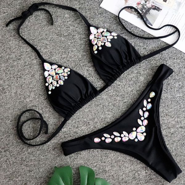 

push up crystal diamond bikini 2019 bandeau swimsuit women brazilian swimwear female two piece bikini set halter bathing suit