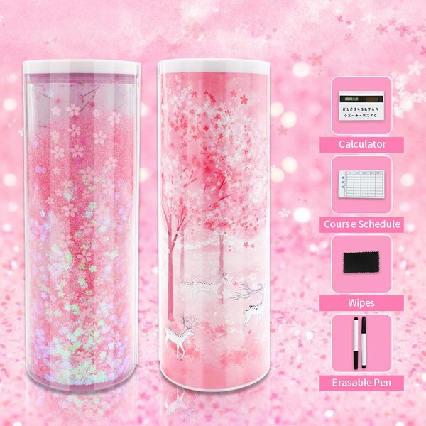 

pencil case set portable quicksand translucent cylindrical box solar calculator