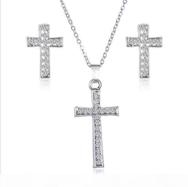 

stylish atmosphere exquisite and exquisite small cross rhinestone earrings wild necklace set, Silver