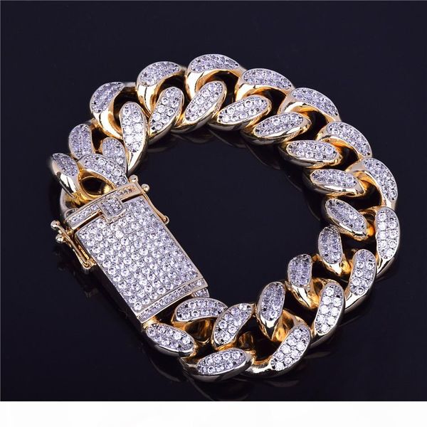 

18mm men's chunky iced out zircon miami cuban link bracelet bling hip hop jewelry gold silver cz cuban chain bracelet 20cm, Golden;silver