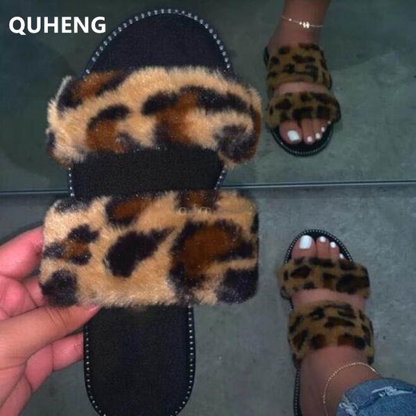 

quheng women fashion leopard print plush slipper ladies outdoor open toe flat flip flops summer women slipper plus size 43 a102, Black