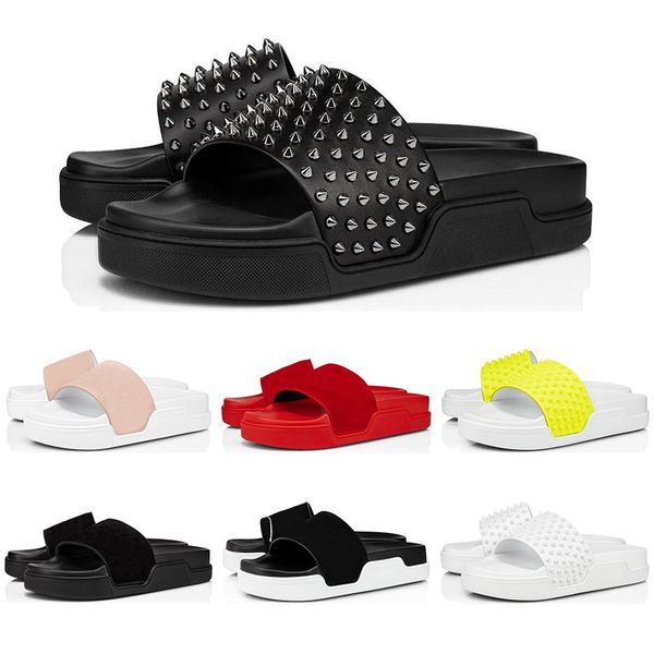 

men women slippers red bottom spikes ladies beach slipper tide male home slippers non-slip leather fashion casual flip flops sandalias, Black