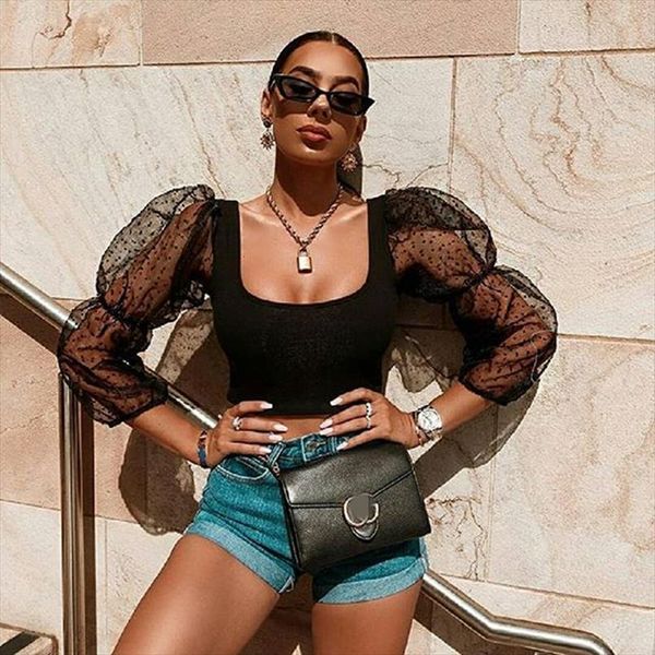 

women lace see through crew neck sheer mesh polka dot puff long sleeve o neck crop blouse slim club wear, White