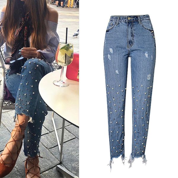 

women's jeans woman pearl beading ripped hem pencil denim pants female high waist women trousers blue