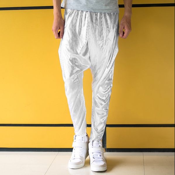 

2020 new male personality silver big costume harem pants hip-hop hiphop skinny pants men's singer costumes trousers, Black