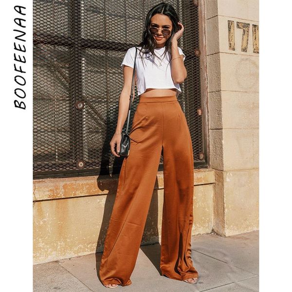 

boofeenaa brown satin silk waisted dress wide leg pants women summer bottoms palazzo pants vintage loose trousers c76-ab58, Black;white