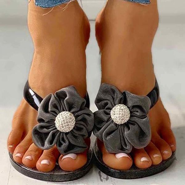 

bohemian flat flower slippers woman shoes classics non-slip women's summer footwear large size breathable flat flip flops woman, Black