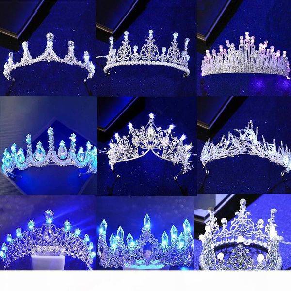 

новые различные светящиеся диадемы коронки для бирде blue light led crown для женщин венчания партии головной убор волос украшения кристалл, Slivery;golden