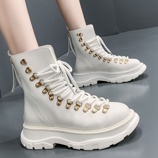 

boots height increasing riding women lace up&zipper shoes mid-calf platform 2021 british thicken soled botas mujer, Black