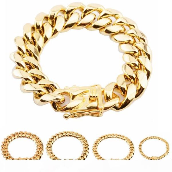 

316l stainless steel bracelets 18k gold plated high polished miami cuba link men punk curb chain bracelet 8mm 10mm 12mm 14mm 16mm 18mm, Black