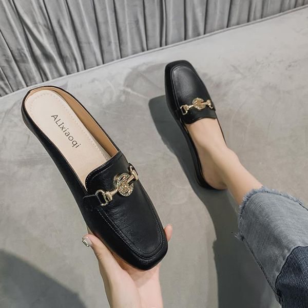 

2020 brand women flat heel slippers ladies elegant buckle slides square head women mules sandal slip on outdoor slipper shoes, Black