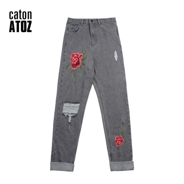 

catonatoz 2113 new grey boyfriend highwaist embroidery jeans women`s flower ripped denim pants mom jeans for women, Blue