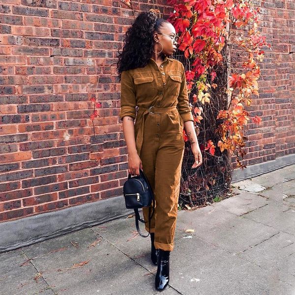

clothing turn down collar fashion style casual apparel womens autumn designer jumpsuits long sleeve solid color female, Black;white