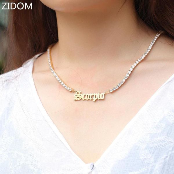 

women hip hop iced out bling twelve constellations pendant with zircon tennis chain hiphop necklace fashion jewelry gifts, Silver