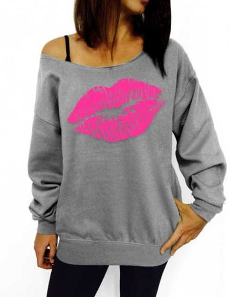

new style long-sleeved autumn sweater, red lips, big lips pattern, oblique shoulder women's top, White