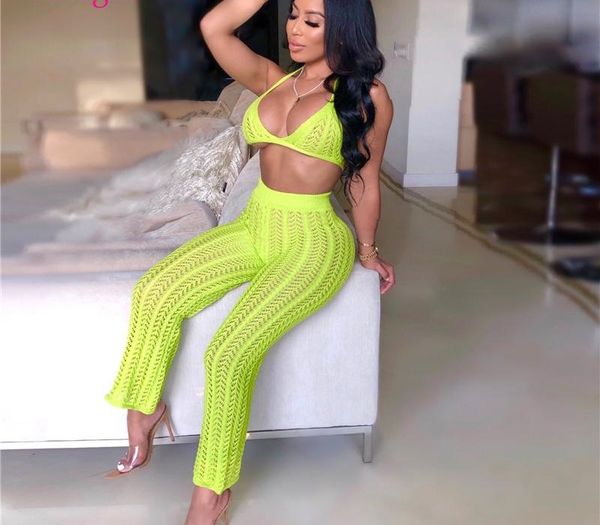 

adogirl 2019 summer fishnet knitted two piece set women see through night club suits bra pants casual beach outfits t200527, Gray