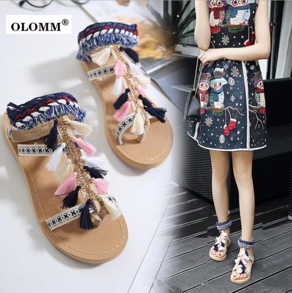 

retro flat sandals national wind sandals female summer tassel buckle soft wear-resistant female shoes for women, Black