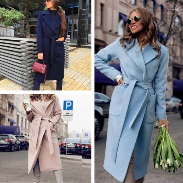 

women designer coat fashion women coat blends casual solid long sleeve lapel neck loose blends with sashes outerwear, Black