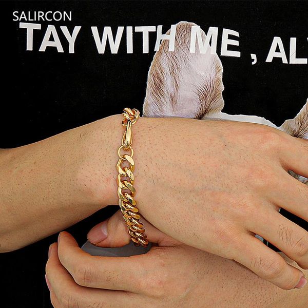 

salircon minimalist miami cuban link chain chunky bracelet bangle for women men punk gold color charm bracelet couple jewelry, Black