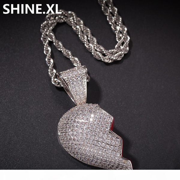 

fashion broken heart iced out chain pendant necklace statement gold color cubic zircon necklace hip hop men's jewelry gift, Silver