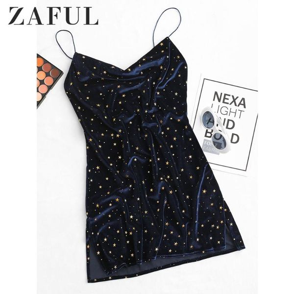 

zaful stars side slit velvet cami dress women star cocktail party mini dresses sleeveless spaghetti strap a-line skinny dresses, Black;gray