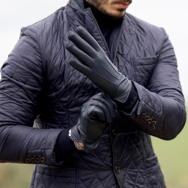 

harssidanzar men gloves genuine sheepskin leather gloves vintage finished warm cashmere lined winter gloves t200819, Blue;gray