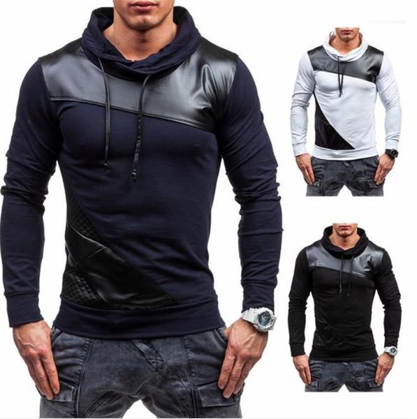 

pullover casual mens clothing pu panelled mens designer sweatshirts fashion solid color long sleeve male hoodies, Black
