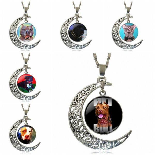 

glass pendant necklace handmade half moon pendant necklace for women choker cute pit bull dog, Silver