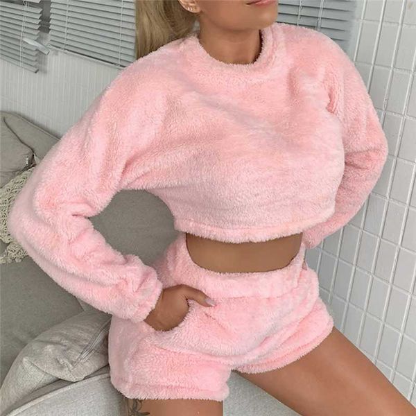 

autumn winter 2 pieces set women warm streetwear 2020 new long sleeve pullovers t-shirt crop high waist shorts pants, Gray