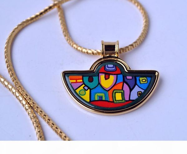 

hundertwasser village series 18k gold-plated enamel necklaces for woman fan pendant necklace colar women necklace jewelry, Silver